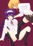  2girls arisa_bannings black_legwear blonde_hair blue_eyes blush bottomless feet femdom foot_fetish footjob footwear green_eyes headband long_hair lyrical_nanoha mahou_shoujo_lyrical_nanoha mahou_shoujo_lyrical_nanoha_strikers multiple_girls no_panties no_shoes open_mouth purple_eyes purple_hair saki_chisuzu shirt simple_background sitting smile socks source_request spread_legs thighhighs tsukimura_suzuka white_shirt wink yuri 