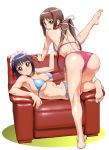  2girls ass back barefoot bent_over bikini blue_hair blush breasts brown_eyes brown_hair chair feet foot_fetish fujikura_yuu hair_ribbon houjouin_seika leg_lift legs looking_back lying maid multiple_girls orange_eyes princess_lover ribbon short_hair side-tie_bikini smile soles swimsuit twintails ueyama_michirou underboob 