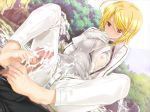  1boy 1girl barefoot blonde_hair blush breast_slip breasts censored classy_cranberry's cum cum_on_body cum_on_clothes cum_on_lower_body feet foot_fetish footjob game_cg gloves happoubi_jin hetero honda_rei kujou_tsubasa kura_kura lube naughty_face nipples one_breast_out outdoors pants penis pinky_out red_eyes short_hair sitting toes 