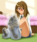 1girl bedroom blue_ribbon blush brown_hair extra feet female foot_fetish footwear k-on! pii_(taromura) pov_feet ribbon socks solo tachibana_himeko uniform