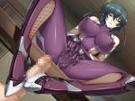 1girl big_breasts black_hair breasts censored dutch_angle erect_nipples feet female_masturbation fishnets foot_fetish footjob foreskin game_cg green_eyes igawa_asagi kagami_hirotaka legs long_hair long_legs looking_at_viewer masturbation mosaic_censoring ninja penis phimosis pov pov_eye_contact pussy_juice shoejob sitting solo_focus spread_legs table taimanin_asagi taimanin_murasaki thighs