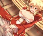 1girl ahegao ahoge blonde_hair blush breasts censored dress dutch_angle epaulettes fate/extra fate_(series) fucked_silly girl_on_top green_eyes hair_ribbon hetero large_breasts mosaic_censoring nipples no_panties open_clothes open_mouth penis petals pokiyu pussy ribbon saber_extra see-through sex shiny shiny_skin solo_focus spread_legs tears torogao uneven_eyes vaginal