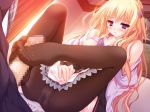  1girl bed blonde_hair blush bra breasts censored crotch_seam feet foot_fetish footjob game_cg kisaragi_mifuyu legs lingerie long_hair moekibara_fumitake panties panties_under_pantyhose pantyhose penis purple_eyes school_uniform solo_focus tayutama underwear very_long_hair 