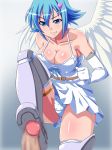  1girl angel angel_wings asymmetrical_wings bare_shoulders blue_hair censored feet foot_fetish footjob kuimono miniskirt nanael panties penis polka_dot polka_dot_panties pov queen's_blade shoejob short_hair skirt solo_focus standing thighhighs underwear wings 