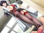 1girl adjusting_hair antenna_hair bakunyuu_hoken_onna_kyoushi black_hair bra breasts censored choker cleavage curtains dominatrix dutch_angle feet femdom foot_fetish footjob from_below garter_belt garter_straps garters hand_on_hip highres hips labcoat lace lace-trimmed_bra lace-trimmed_thighhighs leg_up legs legwear lingerie lipstick long_hair makeup miniskirt naughty_face panties pencil_skirt penis pov red_bra red_panties shinomiya_yurika skirt smile solo_focus takahashi_record thighhighs thighs underwear upskirt window