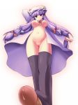 1girl black_legwear bottomless bow breasts censored feet foot_fetish footjob foreshortening hat highres long_hair nipples no_panties nude patchouli_knowledge penis precum purple_hair pussy ribbon solo_focus standing tdk thighhighs touhou very_long_hair