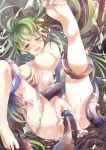 1girl ahegao barefoot bdsm blue_eyes blush bondage bound breasts cum cum_in_pussy feet fucked_silly fuyouchu green_hair highres kochiya_sanae large_breasts long_hair nipples nude panties panties_around_leg rape soles solo tentacle toes touhou uncensored underwear vaginal