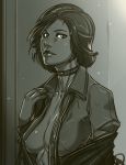 1girl big_breasts bioshock bioshock_infinite breasts choker elizabeth_(bioshock_infinite) ganassa highres lips loose_necktie monochrome necktie no_bra nose off_shoulder open_clothes open_shirt shirt short_hair solo undone_necktie