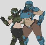  1boy 1girl abs big_breasts breasts bulge clothed clothing crash_(quake) crossover dark_skin doom doom_slayer_(doom) duo femboy human knees_together_feet_apart male male_focus methados mostly_clothed muscular muscular_female navel pale_skin penis quake size_difference smaller_male standing tomboy underboob 