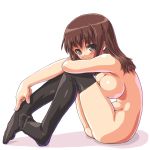  1girl breasts brown_hair dd_(ijigendd) feet foot_fetish knees_on_chest large_breasts long_hair nude original short_hair sideboob silver_eyes smile solo thighhighs 