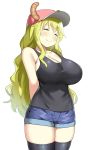 1girl arms_behind_back bare_shoulders baseball_cap big_breasts black_legwear blonde_hair breasts cleavage closed_eyes hat horns jean_shorts kobayashi-san_chi_no_maidragon large_breasts long_hair miss_kobayashi's_dragon_maid multicolored_hair quetzalcoatl_(dragon_maid) short_shorts shorts skindentation sky_(freedom) smile tank_top thighhighs zettai_ryouiki