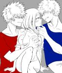 1girl 2boys bakugou_katsuki boku_no_hero_academia breast_grab breast_groping breasts clones grchloex groping my_hero_academia smirking twins uraraka_ochako