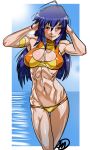  1girl abs ahoge armband bare_shoulders big_breasts bikini blue_hair blush breasts cleavage cleavage_cutout female_only ganassa highres kurokami_medaka lips long_hair lowleg lowleg_bikini medaka_box ocean red_eyes shiny shiny_skin smile solo solo_female swimsuit tankini toned 