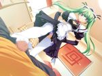  1girl bdsm blue_eyes blue_panties breasts censored cleavage cleavage_cutout dutch_angle elbow_gloves emupii_maid_promotion_master feet femdom foot_fetish footjob game_cg gloves green_hair grin hair_ribbon hands_on_hips homura_yukine maid no_shoes panties pantyshot penis ribbon smile solo_focus tamahiyo thighhighs twintails underwear white_legwear zettai_ryouiki 