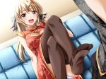 1girl ashita_no_kimi_to_au_tame_ni black_legwear blonde_hair blue_upholstery blush brown_eyes china_dress chinese_clothes couch dress feet foot_fetish game_cg kurashima_tomoyasu legs_crossed long_hair no_shoes panties pantyshot sitting soles solo thighhighs toes tsukino_mai underwear white_panties