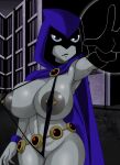  1girl barely_clothed belt big_breasts bikini cloak clothing dc_comics demon_girl edit kinky micro_bikini nipple_piercing nipples one-piece_swimsuit piercing raven_(dc) screenshot screenshot_edit sling_bikini swimsuit teen teen_titans teenage ttrop 