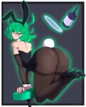  1girl ass bare_shoulders bent_over big_ass blush bottle bunny_ears bunny_tail bunnysuit clothed clothed_female clothing female_focus female_only green_eyes green_hair high_heels high_res large_ass levitation looking_at_viewer looking_back mature mature_female one-punch_man platter presenting short_hair simple_background solo_female solo_focus stool tatsumaki tippydoodles wide_hips 