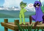 1boy 1girl beast_boy blush cartoon_network cloak dc_comics dock embarrassed embarrassed_nude_male enf-lover erect_penis erection garfield_logan lake mountains nipples nude penis rachel_roth raven_(dc) small_penis small_penis_humiliation tagme teen teen_titans teen_titans_go testicles water