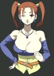 1girl belt breasts brown_hair bursting_breasts cleavage collarbone dragon_quest dragon_quest_viii earrings ears huge_breasts jessica_albert jessica_albert_(dragon_quest) jewelry lipstick makeup necklace nora_higuma shirt_pull smile solo twintails wink