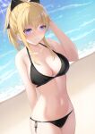 alluring beach big_breasts bikini blonde_hair blue_eyes cute genshin_impact insanely_hot jean_gunnhildr legs ocean tatsumiya_kagari