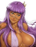 1girl athena_(saint_seiya) big_breasts breasts cleavage dark_skin erect_nipples eyelashes ganassa highres lineart lips looking_at_viewer purple_hair saint_seiya saori_kido sling_bikini smile solo swimsuit underboob upper_body