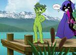 1boy 1girl beast_boy cartoon_network cloak dc_comics dock embarrassed embarrassed_nude_male enf-lover garfield_logan lake mountains nipples nude penis rachel_roth raven_(dc) small_penis small_penis_humiliation tagme teen teen_titans teen_titans_go testicles uniform water