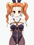  1girl alternate_costume animal_ears arms_behind_back bad_id bdsm bondage bound box_tie breasts bunny_ears bunnysuit crotch_rope dragon_quest dragon_quest_viii erect_nipples fishnet_pantyhose fishnets jessica_albert jessica_albert_(dragon_quest) large_breasts milk_(artist) milk_(pixiv178138) orange_eyes orange_hair pantyhose rope shibari shibari_over_clothes solo square_enix twintails 