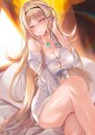  1girl bed big_breasts blonde_hair button_down_shirt core_crystal hairband inoue_takuya inoue_takuya_(pixiv_99697) inoue_takuya_(tactactak) long_hair looking_at_viewer mythra naked_from_the_waist_down naked_shirt nintendo on_bed pillow shirt shirt_only white_shirt xenoblade_(series) xenoblade_chronicles_2 yellow_eyes 