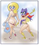  2014 alien ass barbara_gordon batgirl batman_(series) beach belt bikini bikini_pull bivouac blonde_hair blue_eyes boots cape clam dc_comics embarrassing funny gloves green_eyes long_hair mask red_hair smile super_best_friends_forever supergirl surprise tan tan_line towel 