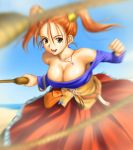 1girl armpits bare_shoulders breasts cleavage corset downblouse dragon_quest dragon_quest_viii dress jessica_albert jessica_albert_(dragon_quest) jewelry large_breasts necklace orange_hair purple_shirt shirt solo square_enix strapless_dress twintails whip