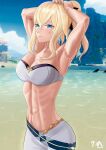 1girl alluring athletic_female beach bikini blonde_hair blue_eyes breasts drawr female_abs fit_female genshin_impact jean_gunnhildr ocean