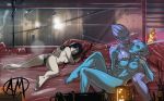 3_girls asari bed female female_only ganassa incipient_kiss lips lying mass_effect miranda_lawson multiple_girls nude on_stomach pillow sitting smile topless video_games yuri