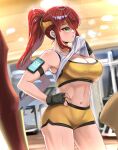 alluring burnt_green_tea burntgreentea green_eyes gym gym_equipment gym_shorts pyrrha_nikos red_hair redhead rwby sports_bra