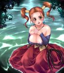  1girl blush breast_suppress breasts cleavage dragon_quest dragon_quest_viii dress highres huge_breasts jessica_albert jessica_albert_(dragon_quest) shinozuka_jouji solo square_enix strapless_dress twintails 