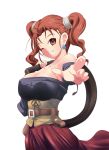 bare_shoulders blush breasts cleavage corset dragon_quest dragon_quest_viii dress earrings highres jessica_albert jessica_albert_(dragon_quest) jewelry katori_(mocchidou) red_eyes red_hair simple_background smile solo square_enix standing whip