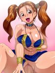 1girl alternate_costume breast_hold breasts brown_eyes brown_hair censored cowgirl_position dragon_quest dragon_quest_viii earrings girl_on_top highres jessica_albert jessica_albert_(dragon_quest) jewelry large_breasts lipstick long_hair makeup open_mouth panties panties_aside penis pussy pussy_juice raburebo sex solo_focus spread_legs spread_pussy square_enix straddling sweat twintails underwear vaginal