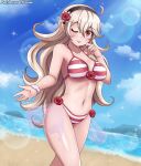 1girl alluring alternate_costume beach bikini bikini_skirt blonde_hair breasts clouds corrin_(fire_emblem) corrin_(fire_emblem)_(female) fire_emblem fire_emblem_fates flower_head_band hairband horizon long_hair looking_at_viewer medium_breasts midriff navel nintendo ocean outside patdarux red_bikini red_eyes red_swimsuit rose sky source_request striped_bikini striped_swimsuit swimsuit water white_bikini white_swimsuit wink winking_at_viewer wrist_scrunchie