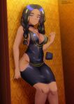  1girl 1girl alluring black_hair blonde_highlights blue_eyes braided_hair choker cleavage dark-skinned_female dark_skin dress female_focus geeta_(pokemon) gold_jewelry handbag hip_vent indoors leaning_against_wall light_blush looking_at_viewer low-tied_long_hair medium_breasts nipple_bulge pokemon pokemon_sv purse seductive_look seductive_smile solo_female thick_thighs tight_clothing twin_braids wall wallpaper_(decoration) zel-sama 