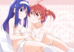  2_girls 2girls bad_id bad_pixiv_id blue_eyes blue_hair blush bra breasts brown_eyes brown_hair cleavage futaba_aoi_(vividred_operation) hairband holding_hands interlocked_fingers isshiki_akane kitahara_tomoe_(kitahara_koubou) kneehighs long_hair medium_breasts multiple_girls navel panties short_hair small_breasts twintails underwear underwear_only vividred_operation yuri 