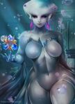 1girl alamanderarts alluring big_breasts blue_body blue_skin breasts curvaceous curvy curvy_body curvy_female curvy_figure female_only fish fish_girl fish_humanoid nintendo no_nipples no_pussy no_visible_genitalia non-mammal_breasts ocarina_of_time princess_ruto purple_eyes solo_female the_legend_of_zelda underwater