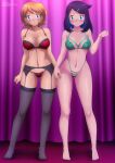  1girl 2_girls alluring black_hair blue_eyes brunette collarbone eyebrows_visible_through_hair garter_belt green_lingerie hairclip holding_hands light_blush liko_(pokemon) lingerie looking_at_viewer medium_breasts panties pokemon pokemon_(anime) pokemon_horizons red_lingerie serena_(pokemon) short_hair stockings thick_thighs wide_hips zel-sama 