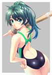 1_girl 1girl aqua_eyes art ass back bare_shoulders competition_swimsuit female from_behind green_hair hand_on_hip nagayori one-piece_swimsuit over_shoulder ponytail saegusa_wakaba shinai solo swimsuit sword sword_over_shoulder vividred_operation weapon weapon_over_shoulder