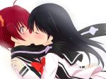  2girls ahoge akane_isshiki art black_hair blush closed_eyes female friends hair highres hug hugging isshiki_akane kazami_ruku kiss kissing kuroki_rei long_hair long_sleeves looking_at_another love multiple_girls red_eyes red_hair redhead rei_kuroki ribbon scarf school_uniform serafuku short_hair simple_background tears twintails vividred_operation white_background yuri 