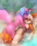  4:5 abluedeer anthro bathing canid canine digital_media_(artwork) domestic_cat duo embrace eye_contact felid feline felis female female/female fox hi_res hybrid interspecies lagomorph leporid looking_at_another mammal naya_(nintyel) nintyel nude original outside rabbit shaded takimi water 