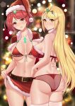  2_girls alluring ass big_breasts bikini blonde_hair blurry_background breasts capelet christmas christmas_outfit christmas_tree chungmechanic core_crystal earrings fur_choker hand_on_hip long_hair looking_at_viewer looking_back mythra nintendo pyra red_bikini red_eyes red_hair red_swimsuit santa_bikini santa_hat short_hair sideboob skirt stockings swimsuit tiara xenoblade_(series) xenoblade_chronicles_2 yellow_eyes 