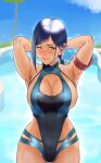 1girl armband arms_behind_head bikini blue_eyes blue_hair blush cleavage_cutout clothing_cutout competition_swimsuit cowboy_shot dead_or_alive dead_or_alive_xtreme dead_or_alive_xtreme_venus_vacation highleg_bikini nervous one-piece_bikini pool reika_(doa) reimei33 sideboob skindentation swimming_pool swimsuit tecmo