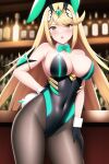  1girl alluring beer_bottle blonde_hair blurry_background bunny_ears bunny_girl bunnysuit casino curvaceous curvy curvy_female curvy_figure detached_collar fake_animal_ears fake_tail gloves hand_on_hip highleg_leotard hourglass_figure indoors jewelry leotard long_hair looking_at_viewer mole_on_breast mythra nervous nightcore_(artist) nintendo playboy_bunny playboy_bunny_leotard strapless_leotard voluptuous white_leotard wide_hips xenoblade_(series) xenoblade_chronicles_2 