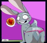  1girl 2016 anthro anus ass blush buckteeth clothing colored disney dripping fur furry grey_fur heart impregnation juanomorfo judy_hopps lagomorph looking_at_viewer looking_back mammal nervous ovum panties panties_aside pussy rabbit rear_view short_tail simple_background sweat teeth the_weaver underwear zootopia 