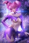 1girl athletic_female ayyasap blush breasts dc_comics functionally_nude human jinx looking_at_viewer nipples pink_eyes pink_hair pussy see-through_clothing skirt small_breasts smile teen_titans