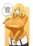  blush bottomless breasts elena_(kobi) garter_straps halloween high_res huge_breasts jack-o&#039;-lantern kobi-tfs kobi94 looking_at_viewer original pumpkin_breasts purple_eyes queen royalty simple_background smiling_at_viewer stockings sweater thick_thighs wide_hips 